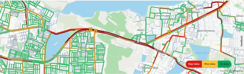 Tomtom map showing major delays alone Agara route, emphasizing the need for a road