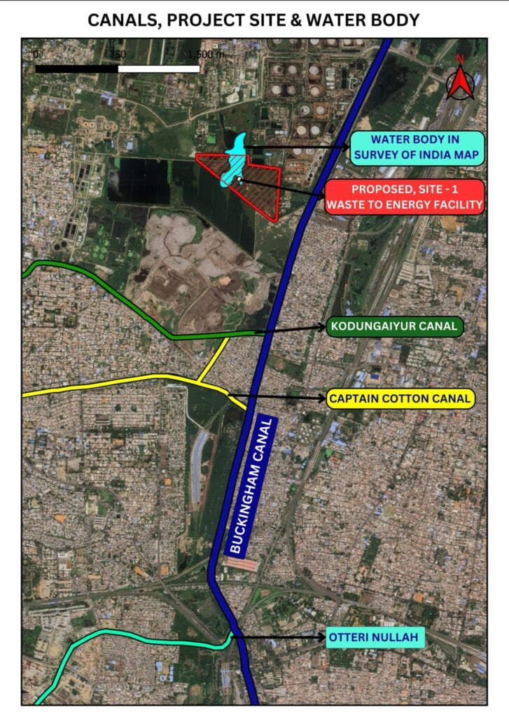 சர்வே ஆஃப் இந்தியா வரைப்படத்தின்படி இங்குள்ள நீர்நிலை மற்றும் இப்பகுதியில் உள்ள கால்வாய்கள்.