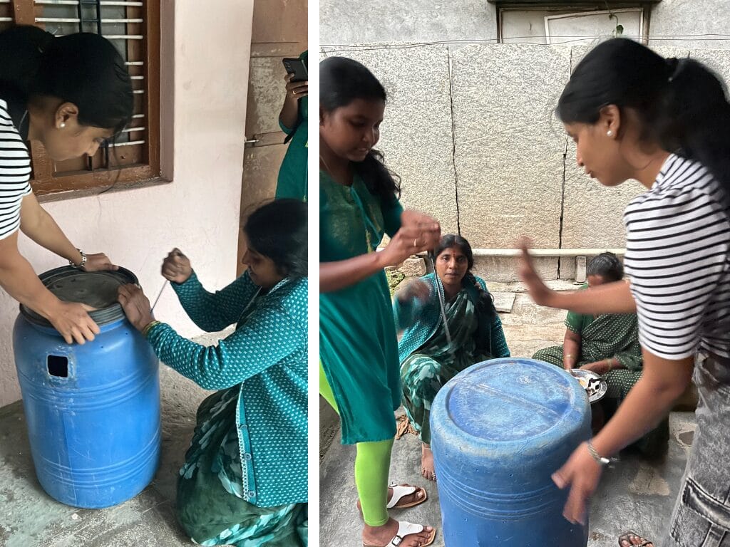 women drilling holes in the drum