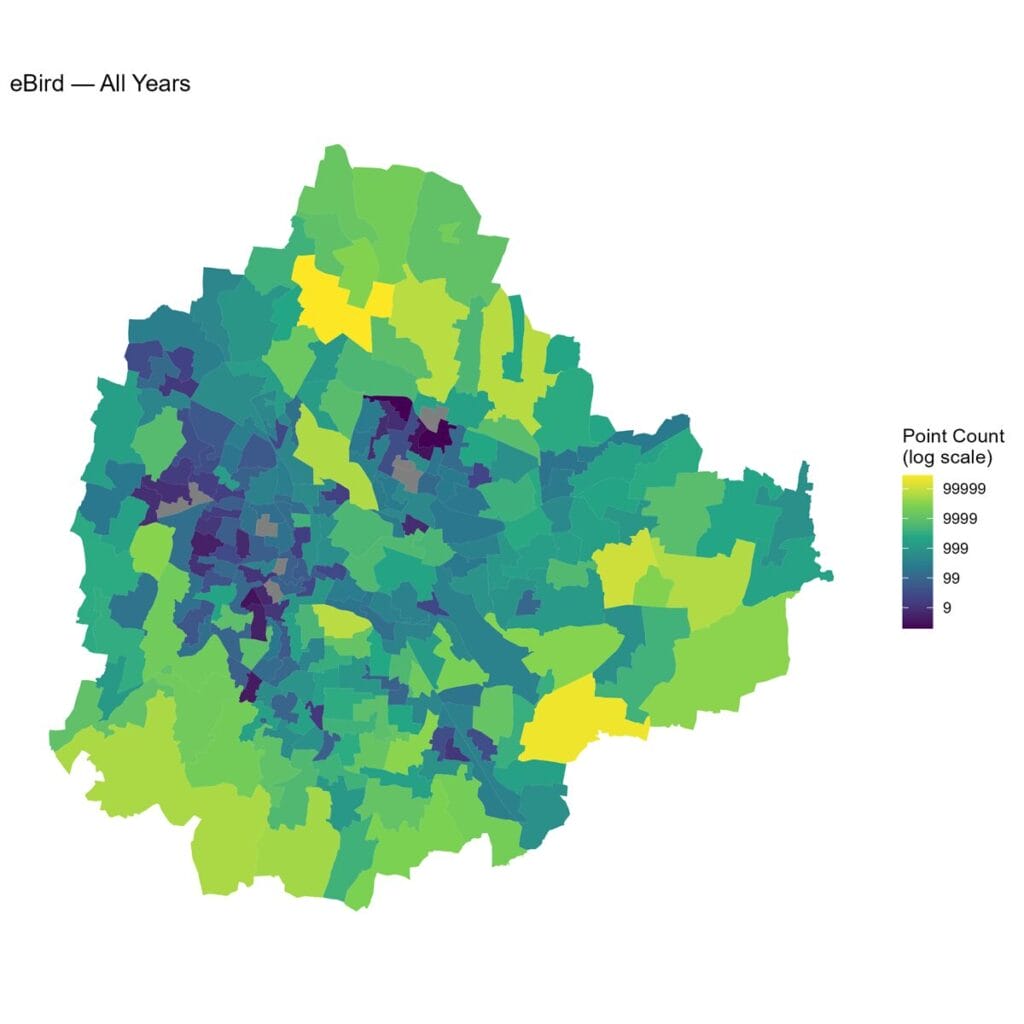 Spatial distribution of eBird observations (all data for year 2016-2025)