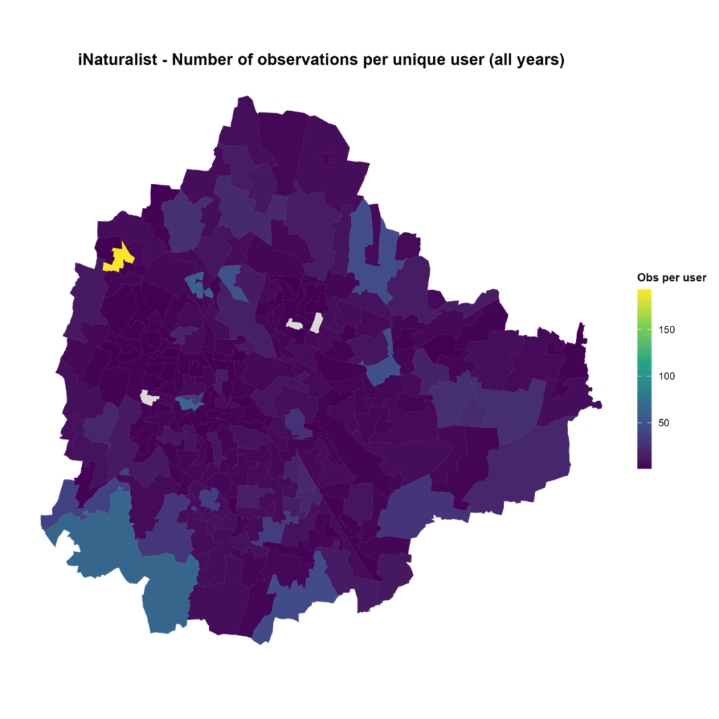 Ward-wise pattern of observer effort (number of observations per unique observer)