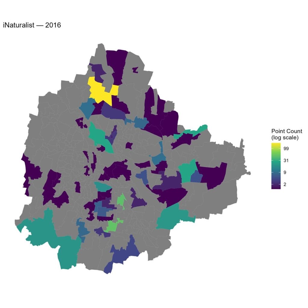 Number of iNaturalist observations across different wards of Bangalore in the year 2016