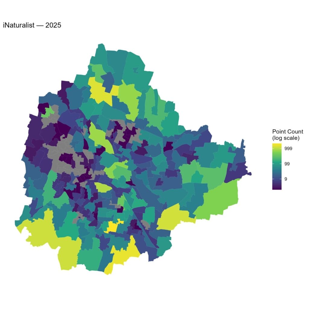 Number of iNaturalist observations across different wards of Bangalore in the year 2025