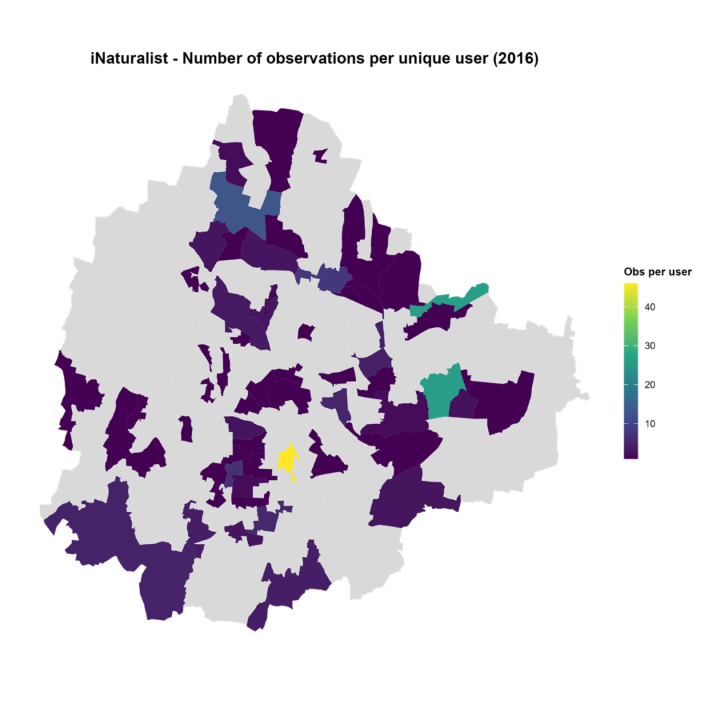 Ward-wise pattern of observer effort (number of observations per unique observer) in the year 2016