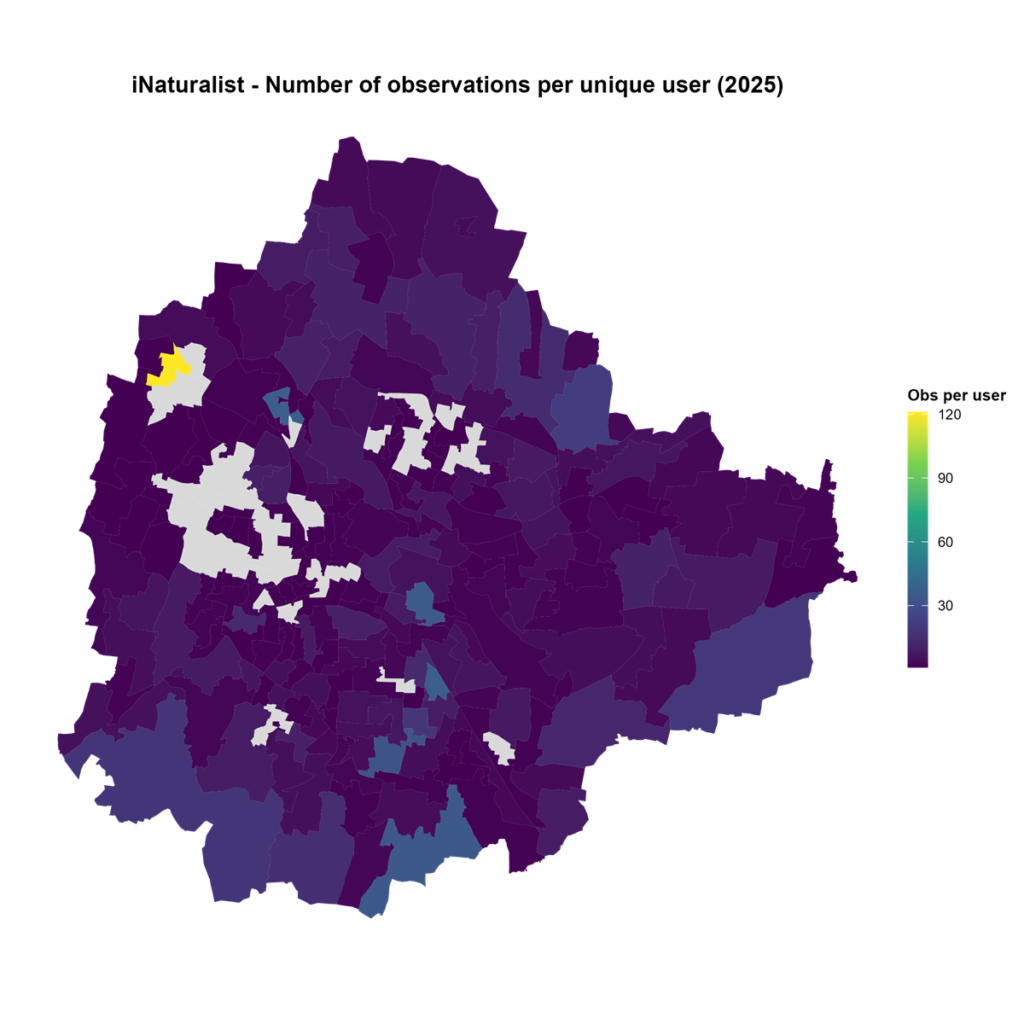 Ward-wise pattern of observer effort (number of observations per unique observer) in the year 2025
