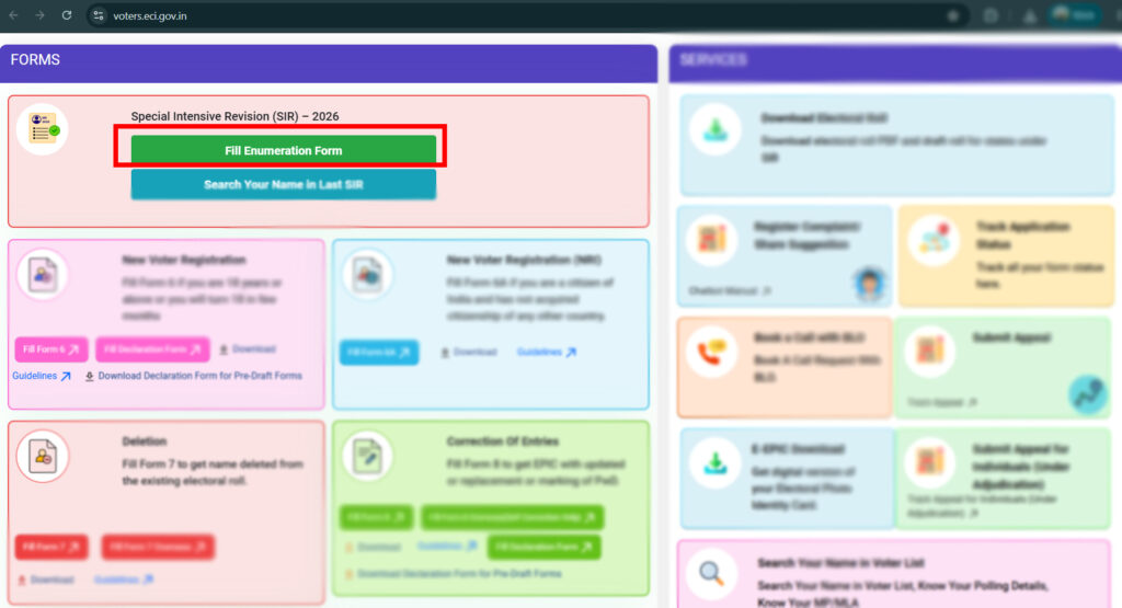 In the home page, click on Fill enumeration to form fill it online.
